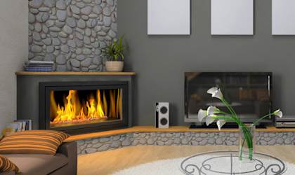 a living room with a fireplace and couches
