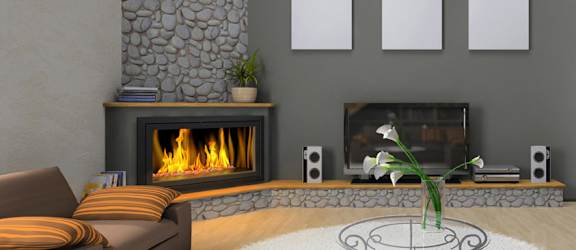 a living room with a fireplace and couches