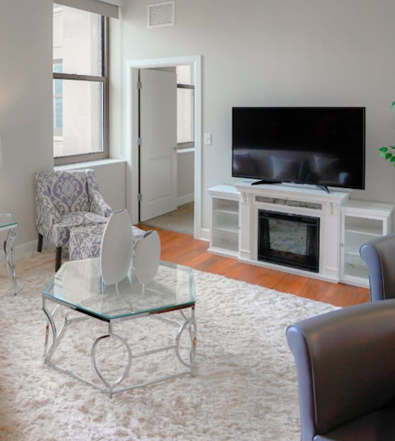 Living Room Interior at The Terminal Tower Residences Apartments, Ohio