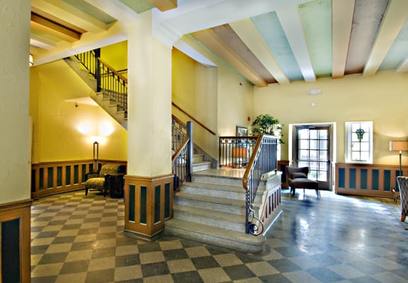 Lobby and staircase at The Ambassador at Library Square, Indianapolis, IN