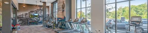 Pet Friendly Apartments in Cornelius, NC - The Junction at Antiquity Fully-Equipped Fitness Center with Cardio Machines, Free Weights, and Large Windows