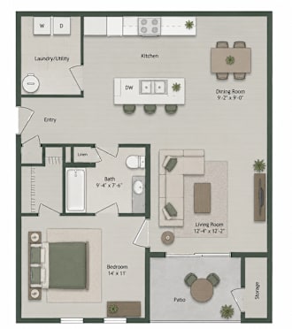 A floor plan of a house with a laundry/utility area, kitchen, dining room, living room, bathroom, bedroom, and patio.
