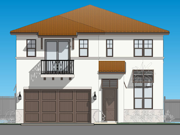 a rendering of a white house with a brown roof and garage doors