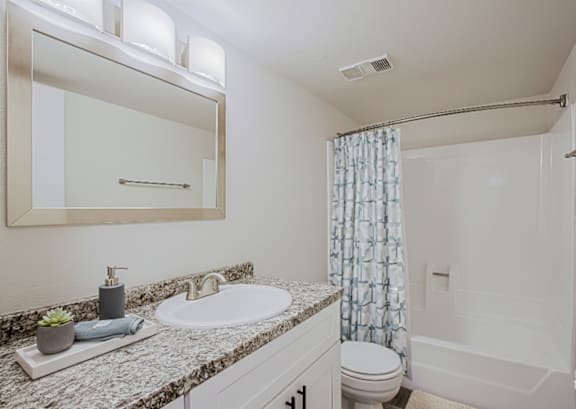 A bathroom with a sink, mirror, toilet, and shower.