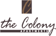 The Colony Apartments logo with a brown background.