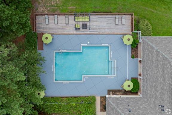 A rectangular pool surrounded by a deck and trees.