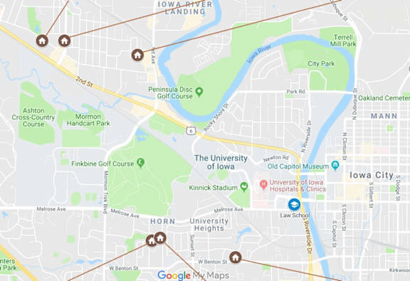 A map of Iowa City with various landmarks and streets labeled.