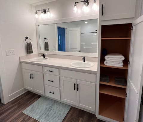 a bathroom with a sink and a mirror