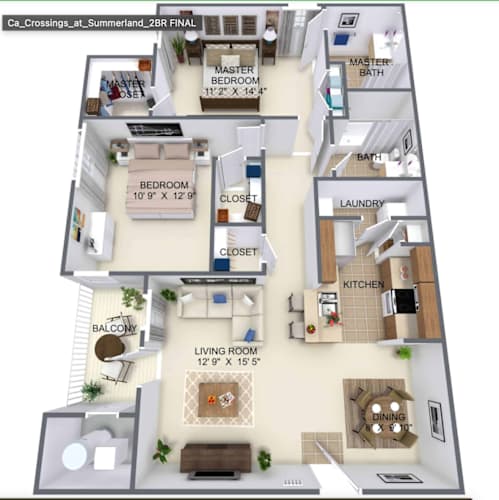 Floor Plan  A floor plan of a two bedroom, two bath apartment with a living room, kitchen, and balcony.