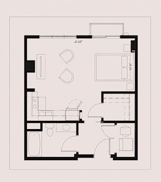 A floor plan of a house with a kitchen, living room, and bathroom.
