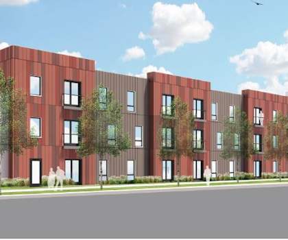 a rendering of an apartment building on a city street