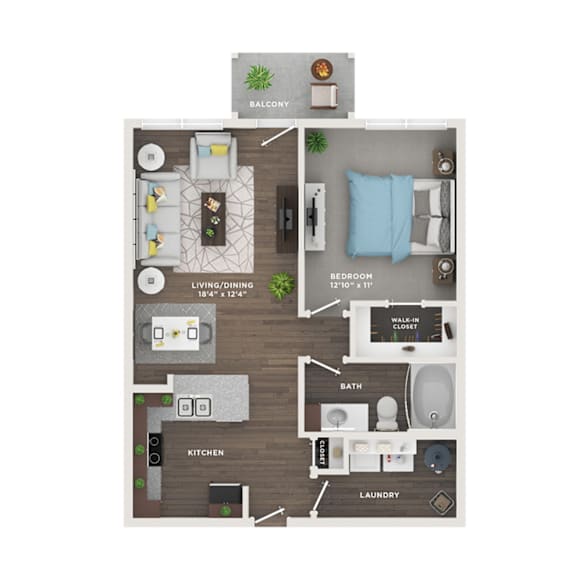 A floor plan of a small apartment with a balcony, living room, dining area, kitchen, bathroom, and laundry room.