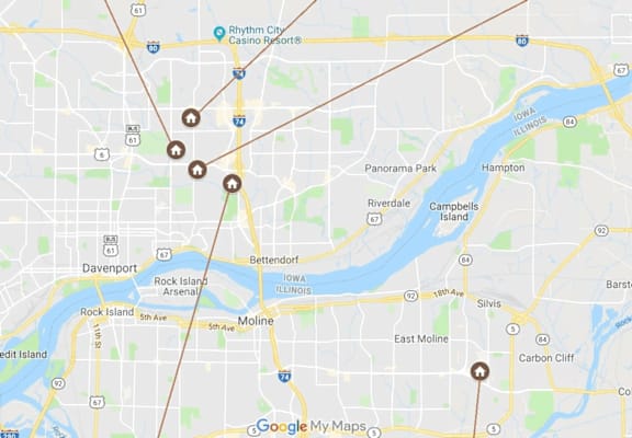 A map with a brown line running through it and a brown dot on the right side.