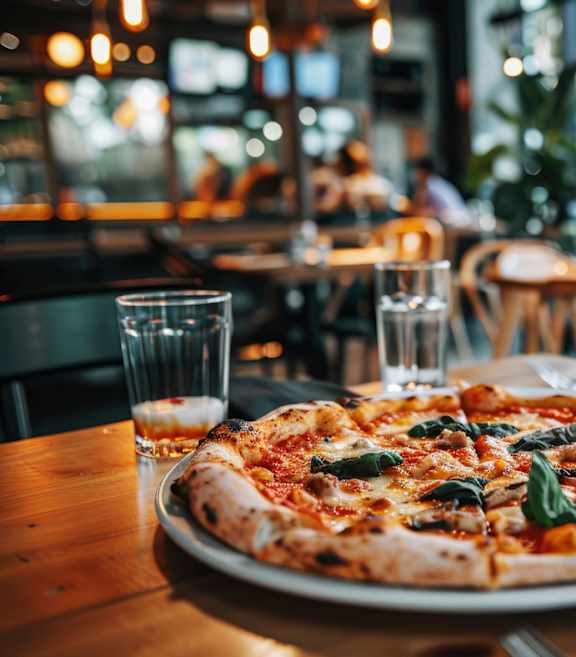 A pizza with basil leaves on top is on a table in a restaurant.