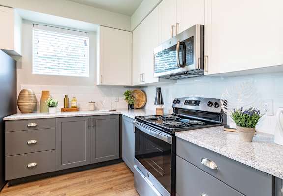 A modern kitchen with a stove top oven and a microwave above it.