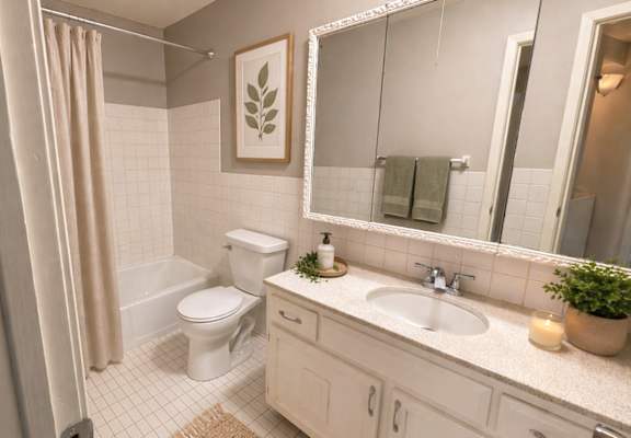 A bathroom with a toilet, sink, and mirror.