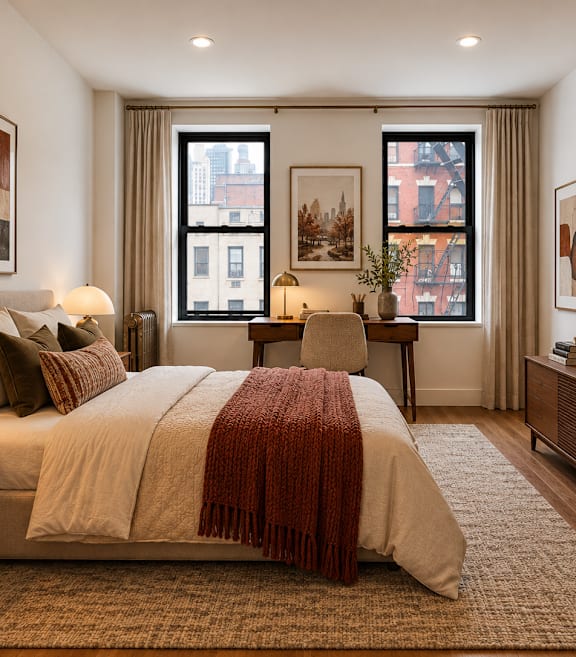 A bedroom with a large bed and a window overlooking a cityscape.