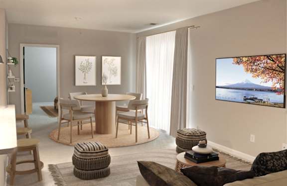 a rendering of a living room with a table and chairs and a tv
