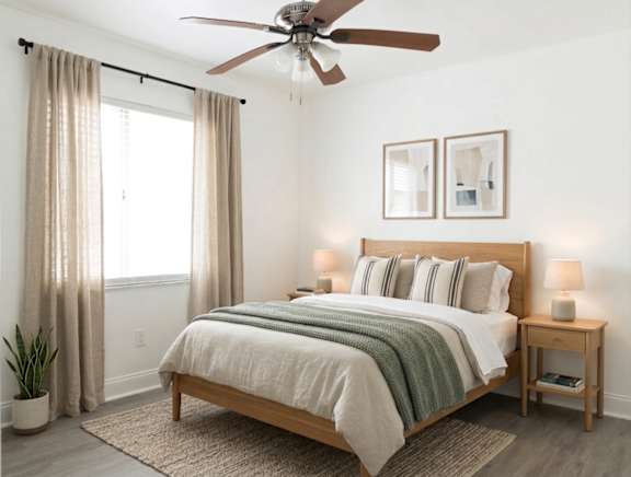 A bedroom with a large bed and a ceiling fan.
