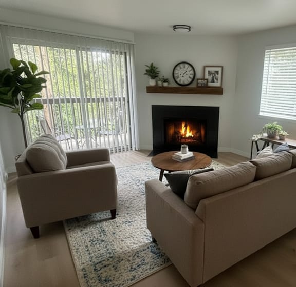 A living room with a fireplace, two couches, and a potted plant.