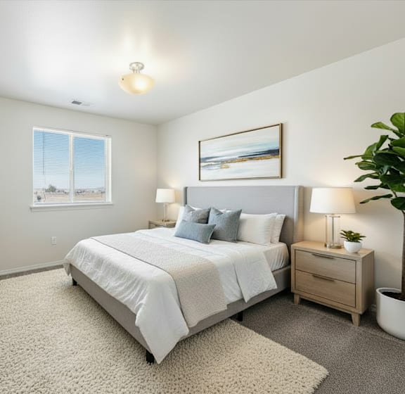 A bedroom with a large bed, a nightstand, and a plant.