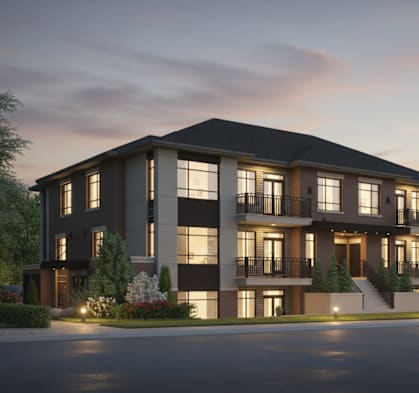 A modern apartment building with a balcony on the second floor.