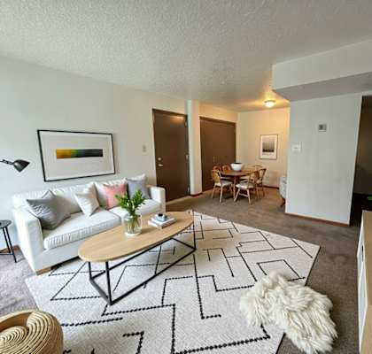 A living room with a white couch, a coffee table, and a rug.