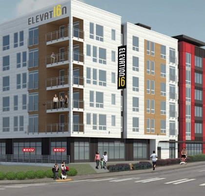 a rendering of a new apartment building on a city street at Elevation16 Apartments, Washington