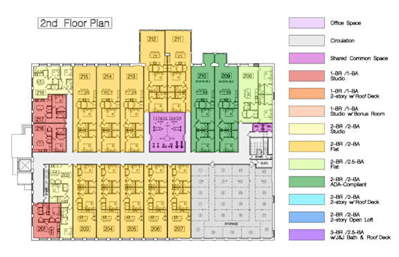 A detailed floor plan of a building's second floor, showing various rooms and spaces with corresponding numbers and labels.