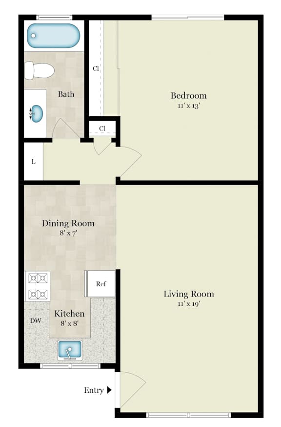 A floor plan of a house with a total square footage of 915 sq ft.