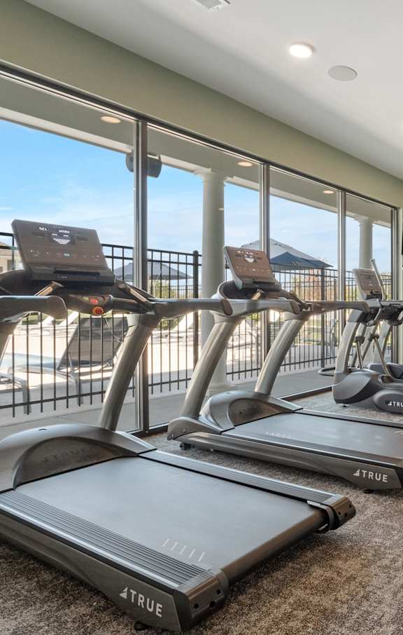 A gym with treadmills, exercise balls, and other equipment.