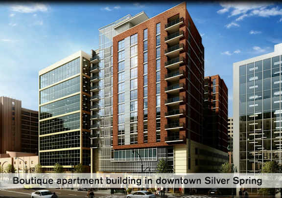 A modern apartment building in downtown Silver Spring.