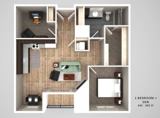 Bostwick one bedroom one bathroom with den floor plan at The Conrad