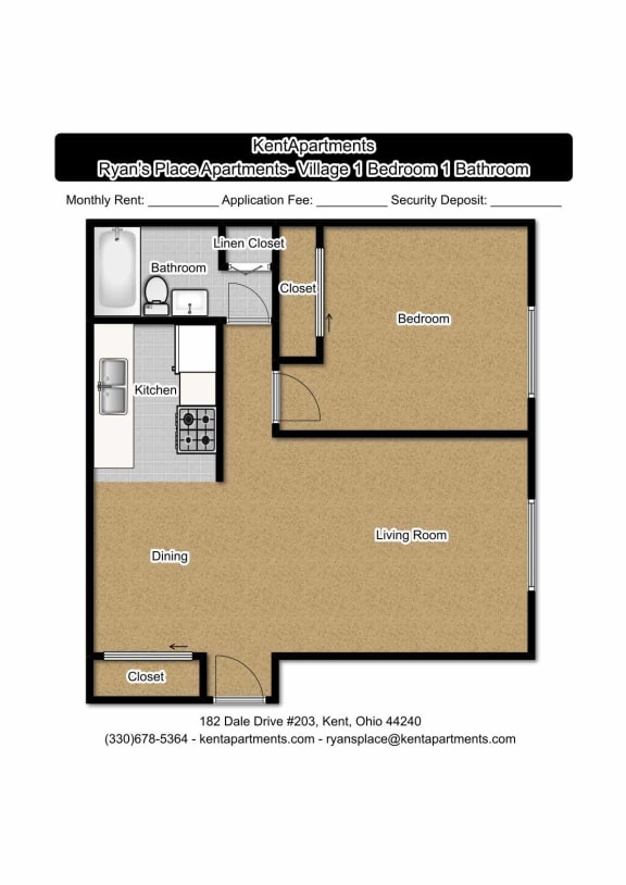 1 Bed1 Bath 672 Sq. Ft Floor Plan at Ryan Place Apartments, Integrity Realty, Kent, 44240