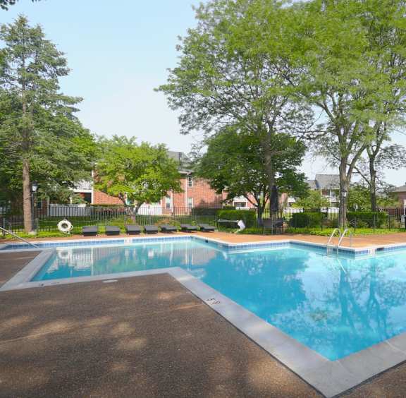 A large outdoor swimming pool surrounded by trees.