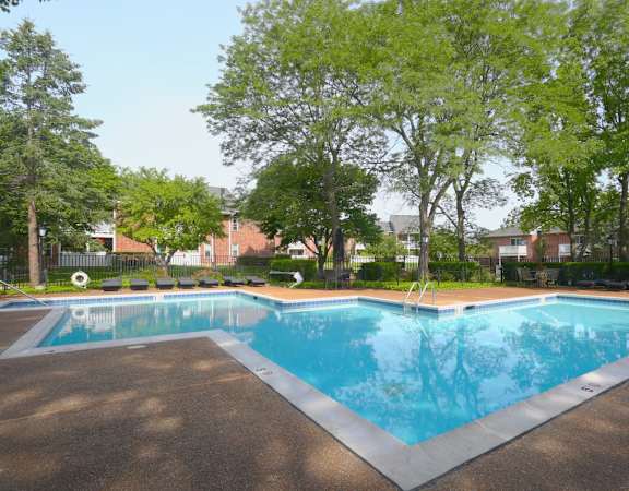 A large outdoor swimming pool surrounded by trees.