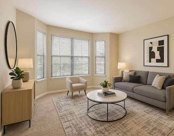 A living room with bay windows at Jazz District Apartments in Kansas City