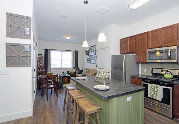 Open layout kitchen and living room; stainless steel kitchen appliances, granite counter tops and breakfast bar