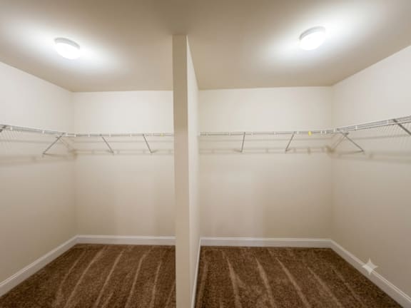 A large, empty room with a carpeted floor and a white ceiling with two lights.