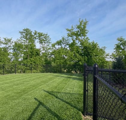 A black fence surrounds a green lawn with trees in the background.