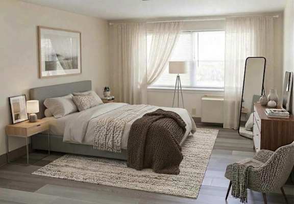 A bedroom with a large bed, a chair, and a nightstand.