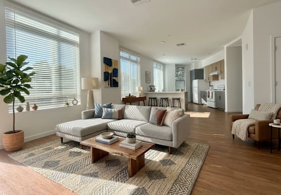 A living room with a couch, a coffee table, and a potted plant.