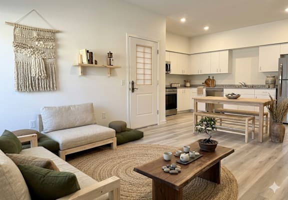 A modern living room with a wooden coffee table and a large window.