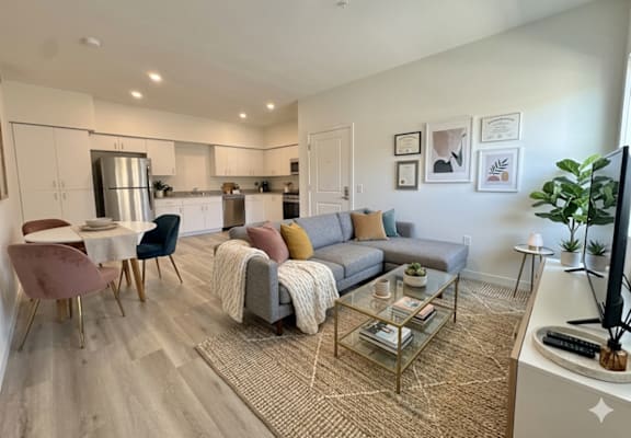 A modern living room with a grey sofa, a glass coffee table, and a television.