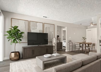 A modern living room with a grey sofa, a wooden cabinet, a TV, and a potted plant.