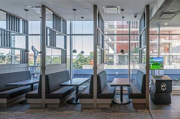 A waiting area with a view of the outside.