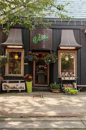 A storefront with a green sign that says "Vines" and a window display with various items.