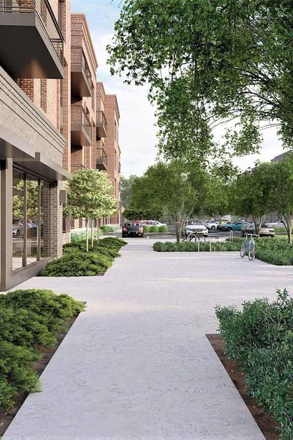 A tree-lined walkway leads to a building.