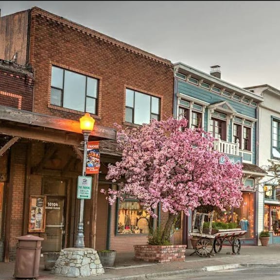 A small town with a lot of buildings and cars.