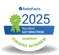 A blue and white logo for Satisfacts 2025 Resident Satisfaction Company Award Winner.
